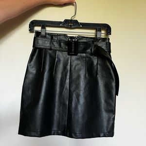 Black leather belted mini skirt